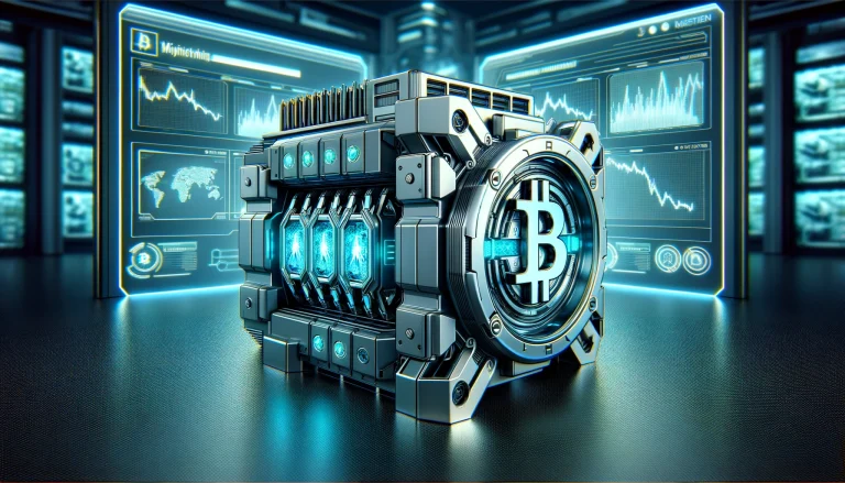DALL·E 2024-04-30 11.25.28 - A digital illustration of a futuristic mining machine for Bitcoin, sleek and metallic, with glowing parts suggesting advanced technology